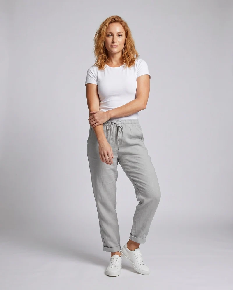 Damen lässige Leinenhose mit elastischem Bund und Kordelzug