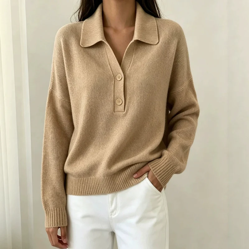 Damen Polokragen-Pullover mit halber Knopfleiste und geripptem Saum Drune