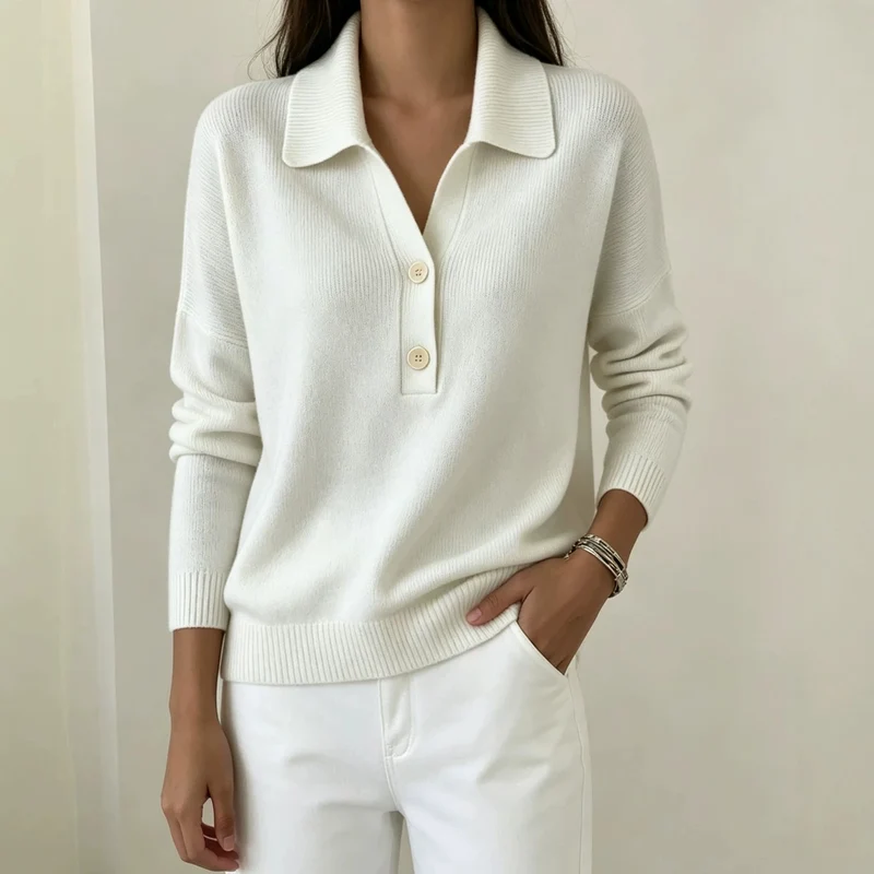 Damen Polokragen-Pullover mit halber Knopfleiste und geripptem Saum Drune