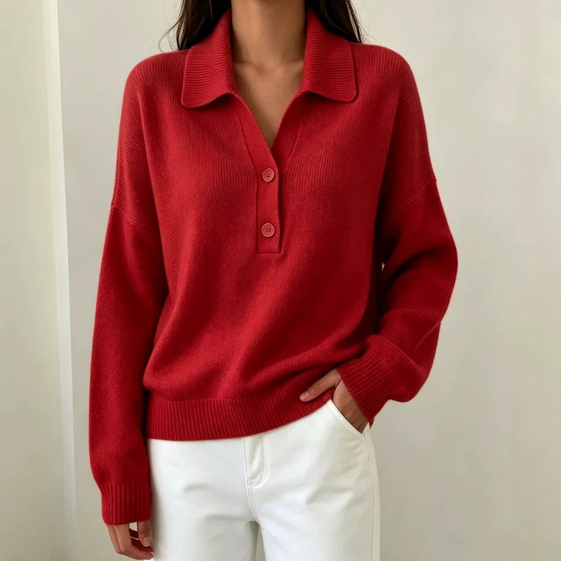 Damen Polokragen-Pullover mit halber Knopfleiste und geripptem Saum Drune