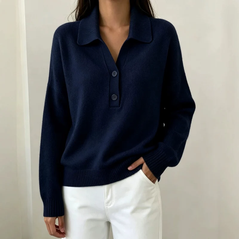 Damen Polokragen-Pullover mit halber Knopfleiste und geripptem Saum Drune