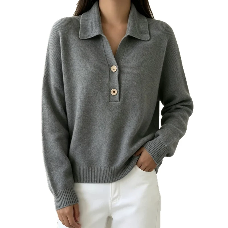 Damen Polokragen-Pullover mit halber Knopfleiste und geripptem Saum Drune