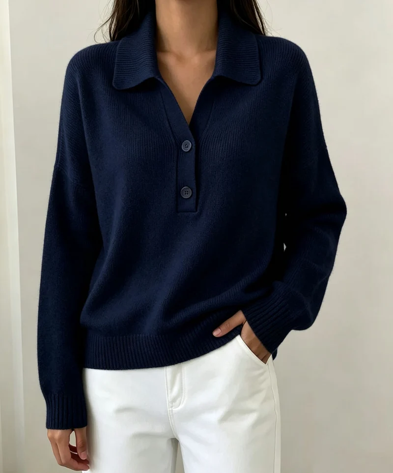 Damen Polokragen-Pullover mit halber Knopfleiste und geripptem Saum Drune