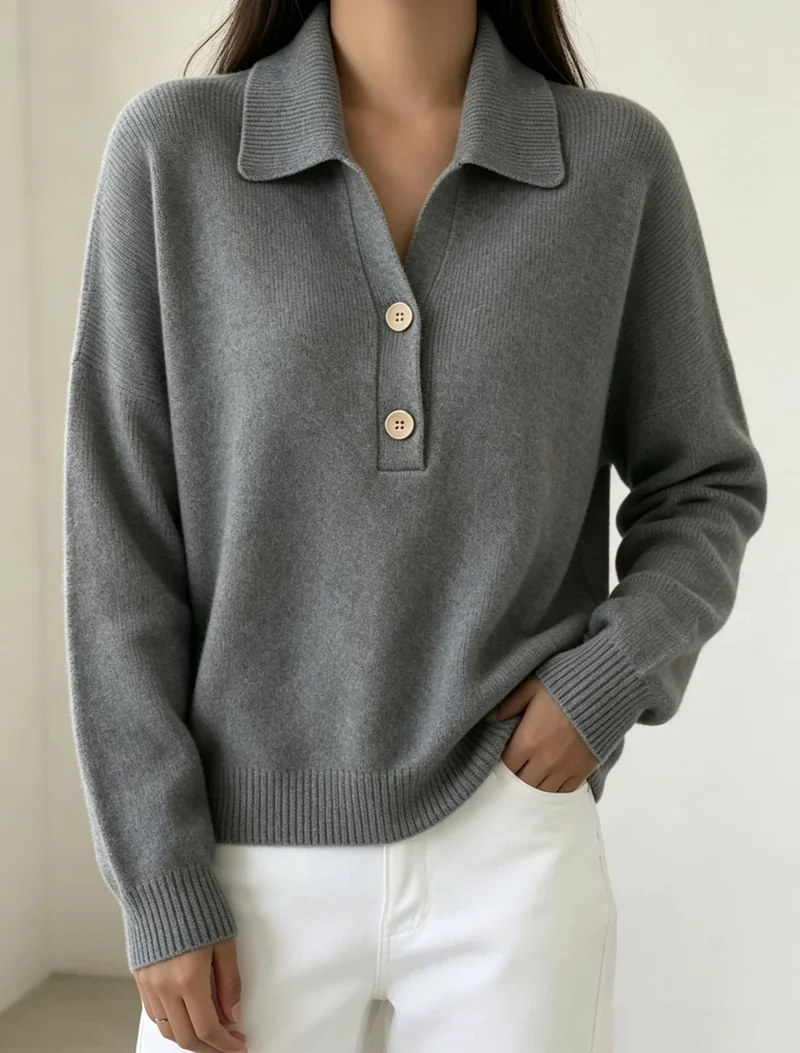Damen Polokragen-Pullover mit halber Knopfleiste und geripptem Saum Drune