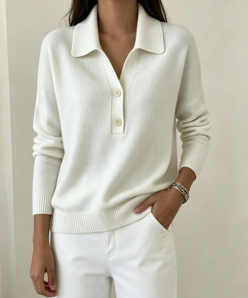 Damen Polokragen-Pullover mit halber Knopfleiste und geripptem Saum Drune
