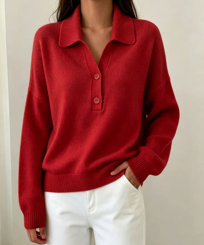 Damen Polokragen-Pullover mit halber Knopfleiste und geripptem Saum Drune
