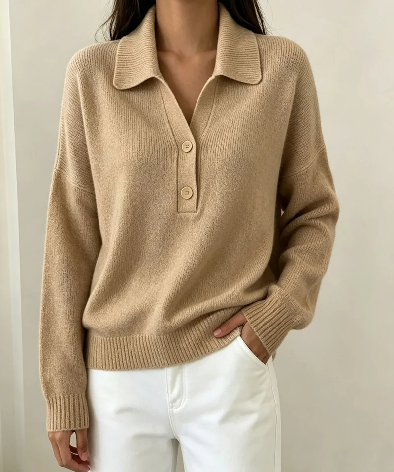 Damen Polokragen-Pullover mit halber Knopfleiste und geripptem Saum Drune