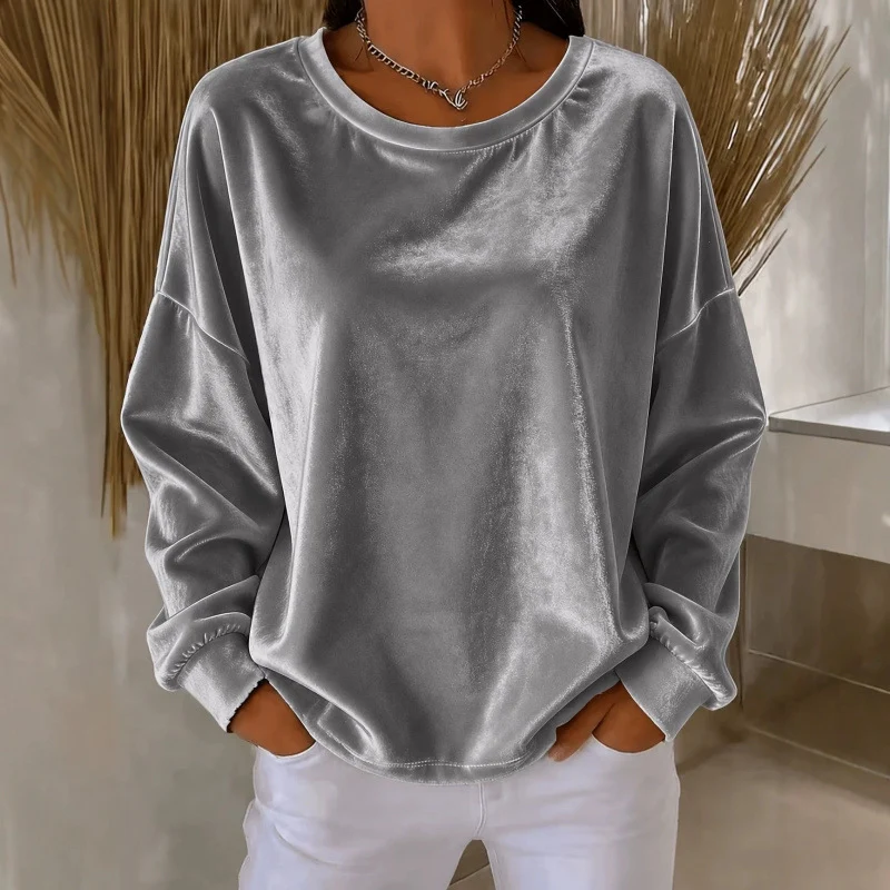 Damen Samt-Oversize-Sweatshirt mit Rundhalsausschnitt und eingesetzter Schulter Drune