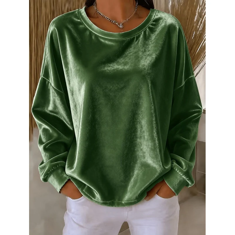 Damen Samt-Oversize-Sweatshirt mit Rundhalsausschnitt und eingesetzter Schulter Drune