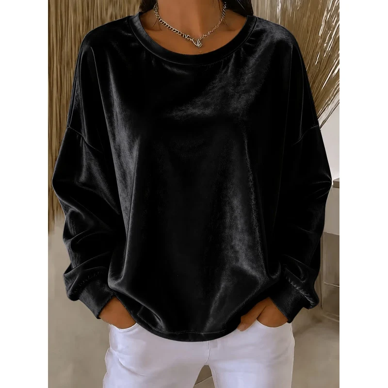 Damen Samt-Oversize-Sweatshirt mit Rundhalsausschnitt und eingesetzter Schulter Drune
