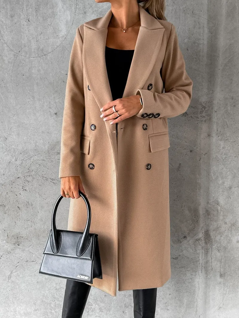 Damen eleganter doppelt gestreifter Mantel mit Knopfdetails Drune