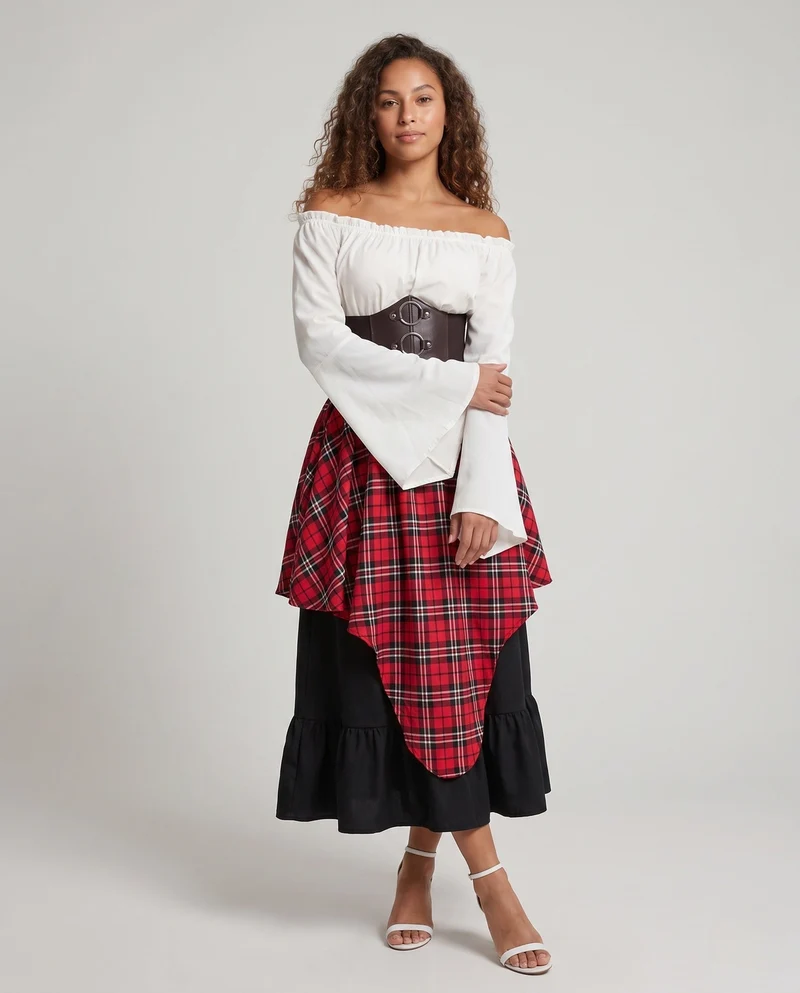 Damen Schulterfreies Blusenkleid mit weitem Schlagarm und tailliertem Mieder Drune