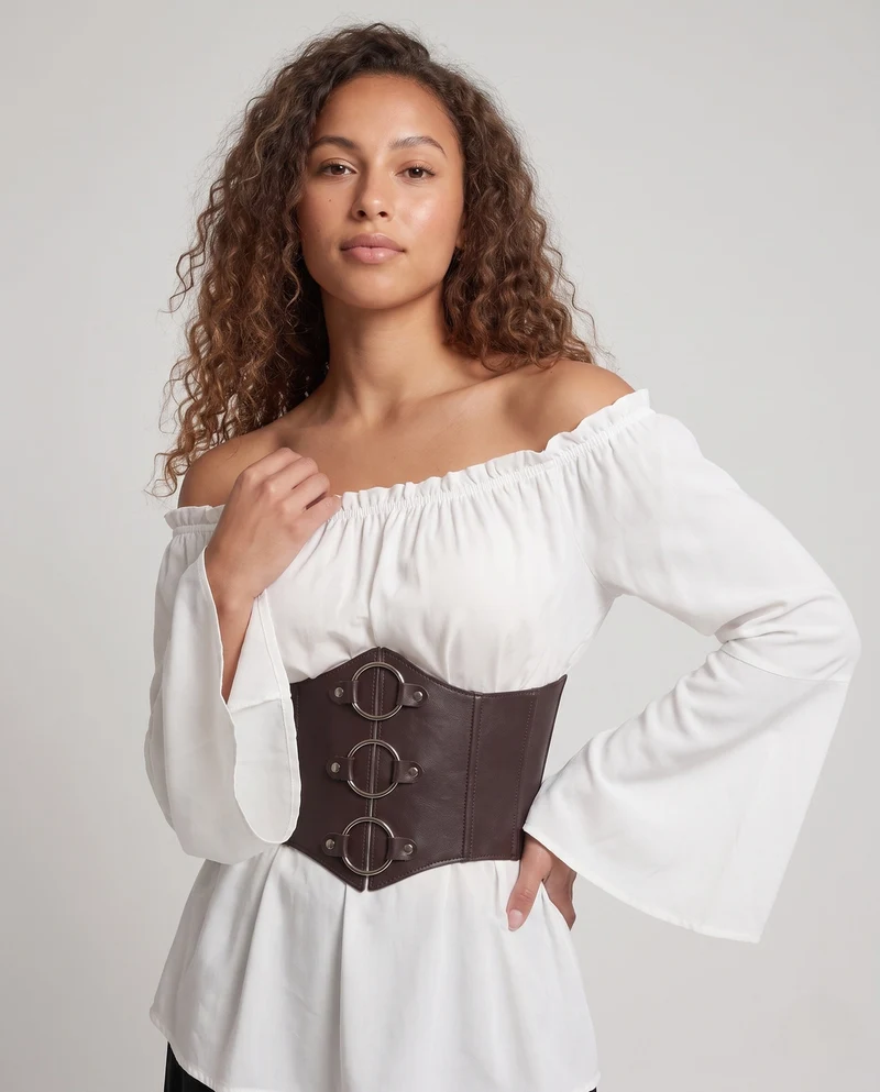 Damen Schulterfreies Blusenkleid mit weitem Schlagarm und tailliertem Mieder Drune