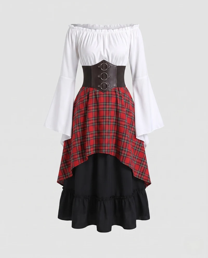 Damen Schulterfreies Blusenkleid mit weitem Schlagarm und tailliertem Mieder Drune