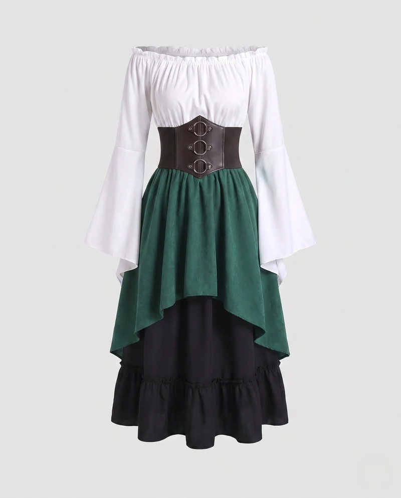 Damen Schulterfreies Blusenkleid mit weitem Schlagarm und tailliertem Mieder Drune