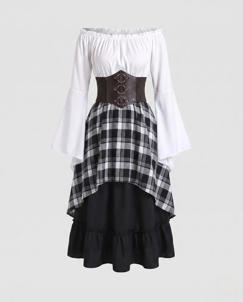 Damen Schulterfreies Blusenkleid mit weitem Schlagarm und tailliertem Mieder Drune