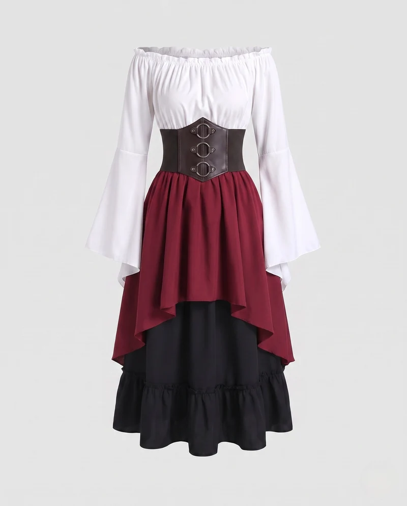 Damen Schulterfreies Blusenkleid mit weitem Schlagarm und tailliertem Mieder Drune