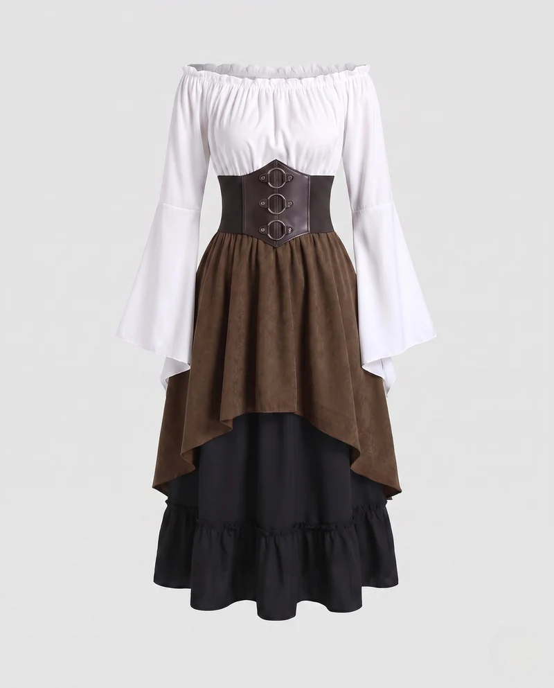 Damen Schulterfreies Blusenkleid mit weitem Schlagarm und tailliertem Mieder Drune