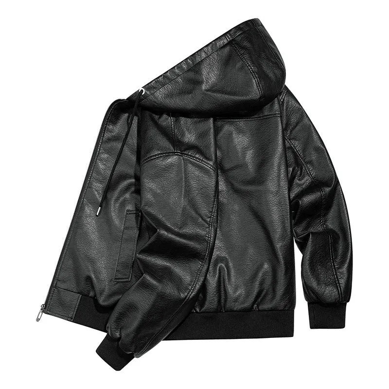 Herren Lässige Lederjacke mit Kapuze Drune