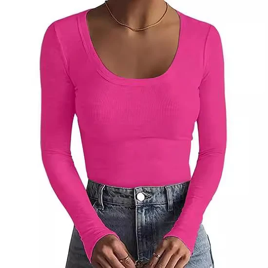 Damen Schmal geschnittenes Langarm-Feinstricktop mit weitem U-Ausschnitt Drune