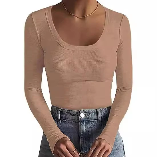 Damen Schmal geschnittenes Langarm-Feinstricktop mit weitem U-Ausschnitt Drune