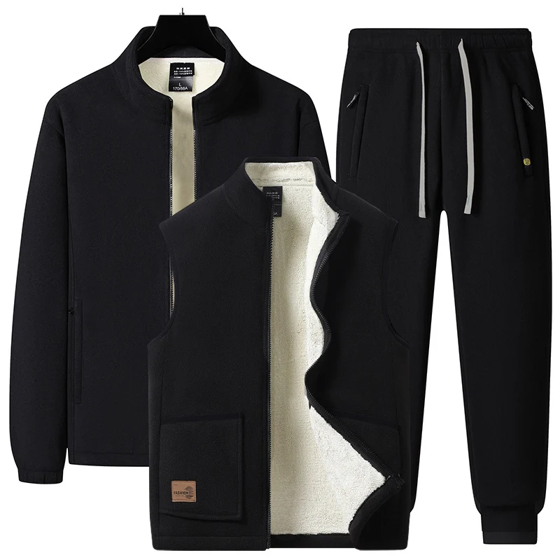 Herren dreiteiliges Fleece-Set mit wattierter Weste, Stehkragenjacke und Jogginghose Drune