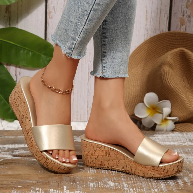 Damen Komfortable Wedge-Pantoletten mit breitem, verstellbarem Riemen Drune