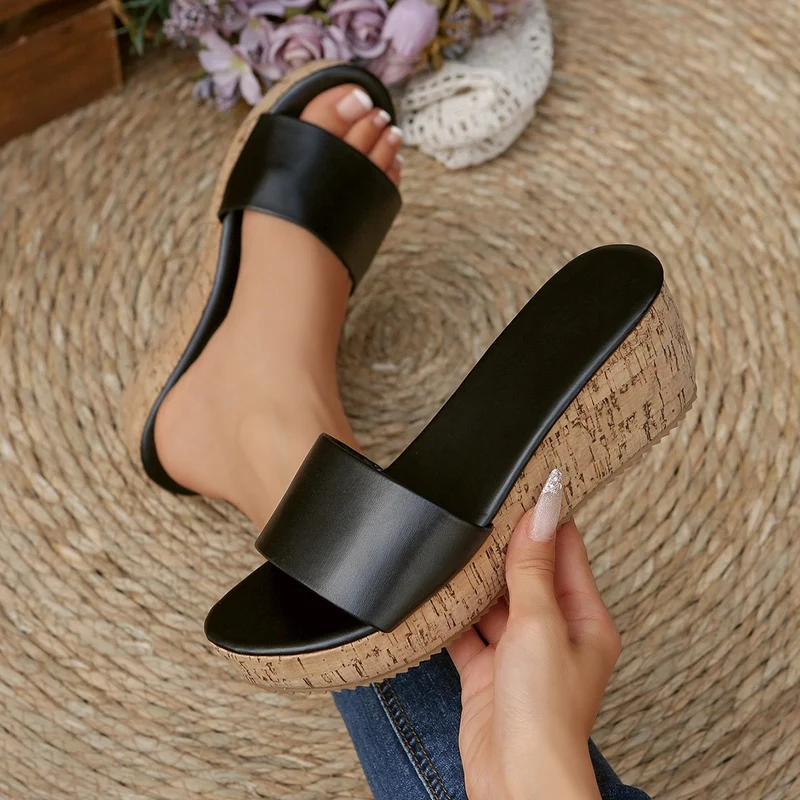 Damen Komfortable Wedge-Pantoletten mit breitem, verstellbarem Riemen Drune