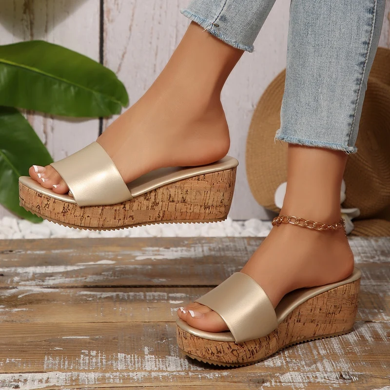 Damen Komfortable Wedge-Pantoletten mit breitem, verstellbarem Riemen Drune