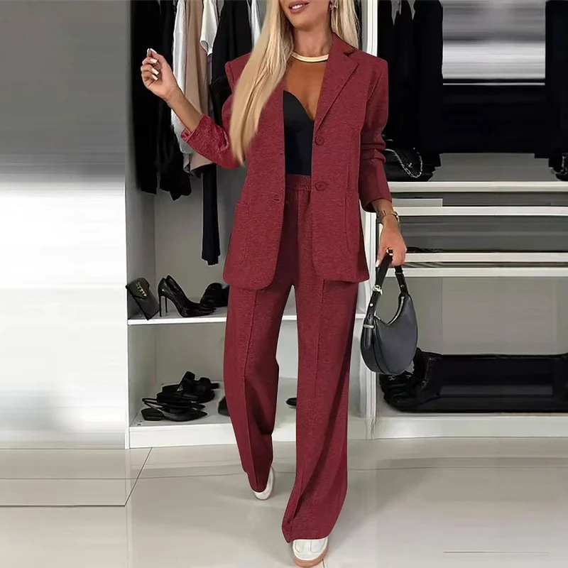 Damen Weiches Tailoring-Set mit lockerem Zweiknopf-Blazer und High‑Waist Weitbein‑Hose Drune