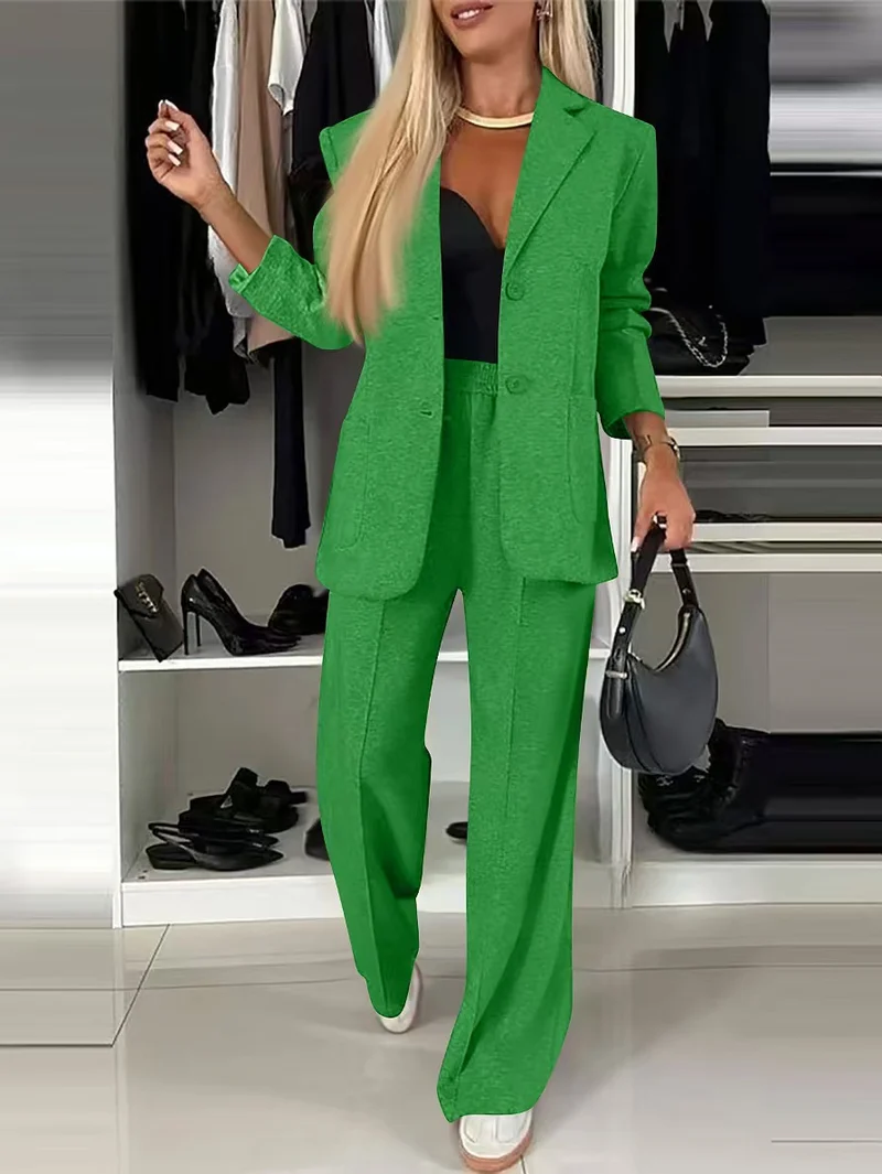 Damen Weiches Tailoring-Set mit lockerem Zweiknopf-Blazer und High‑Waist Weitbein‑Hose Drune