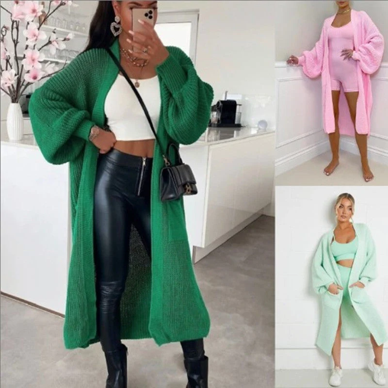 Damen Langer Strickmantel mit großzügigen Taschen Drune