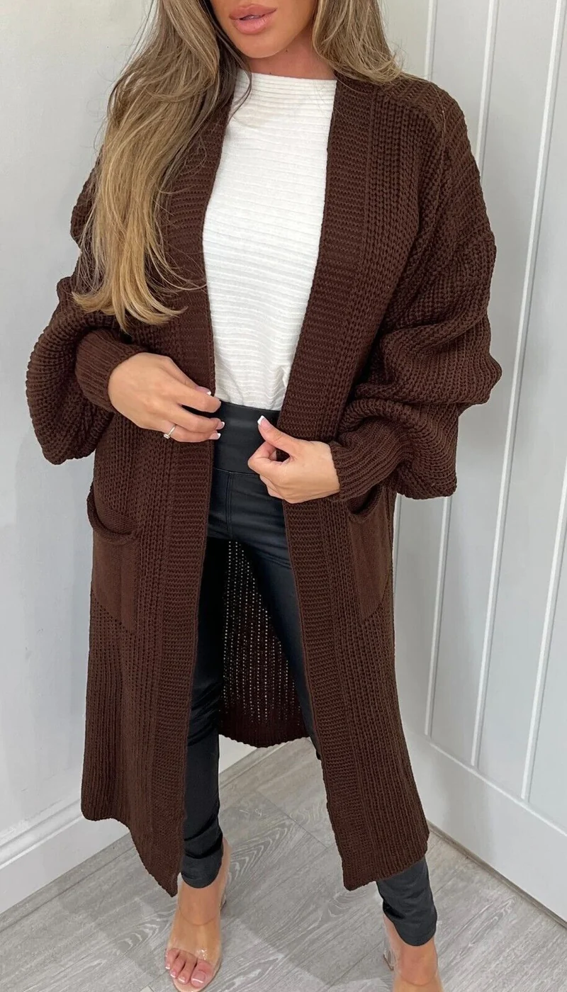 Damen Langer Strickmantel mit großzügigen Taschen Drune