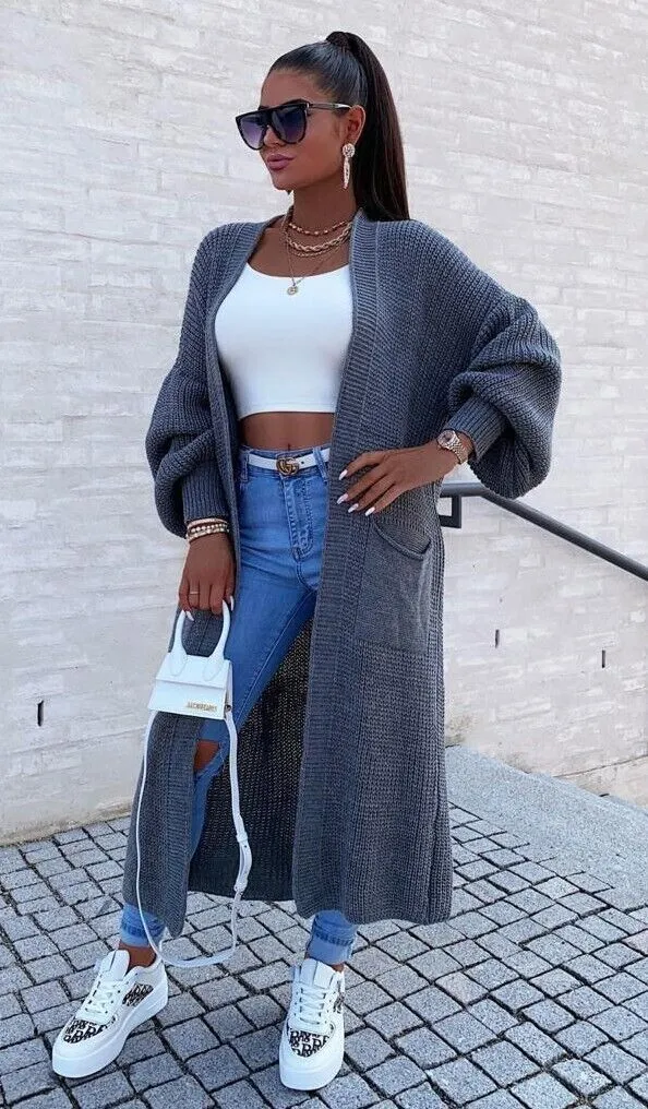 Damen Langer Strickmantel mit großzügigen Taschen Drune