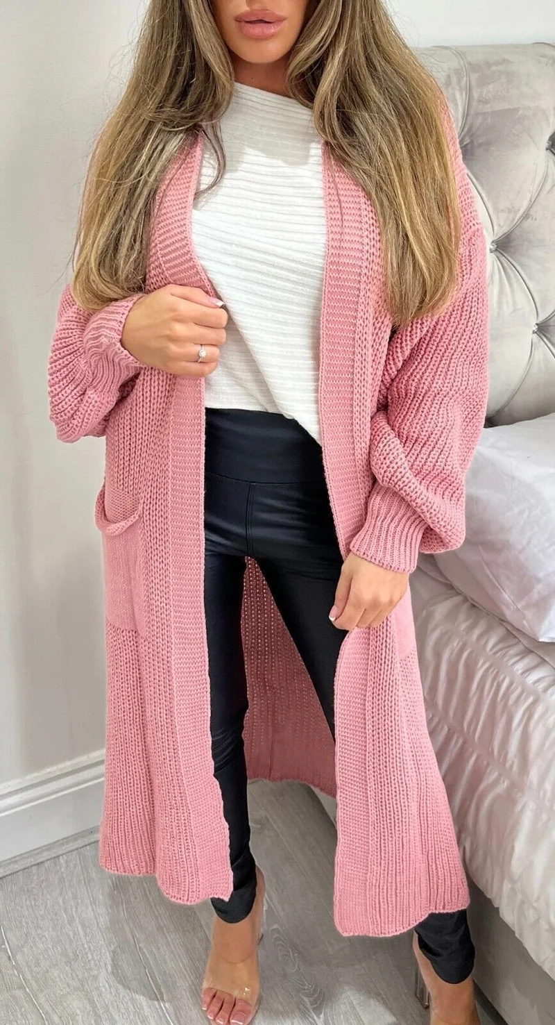 Damen Langer Strickmantel mit großzügigen Taschen Drune