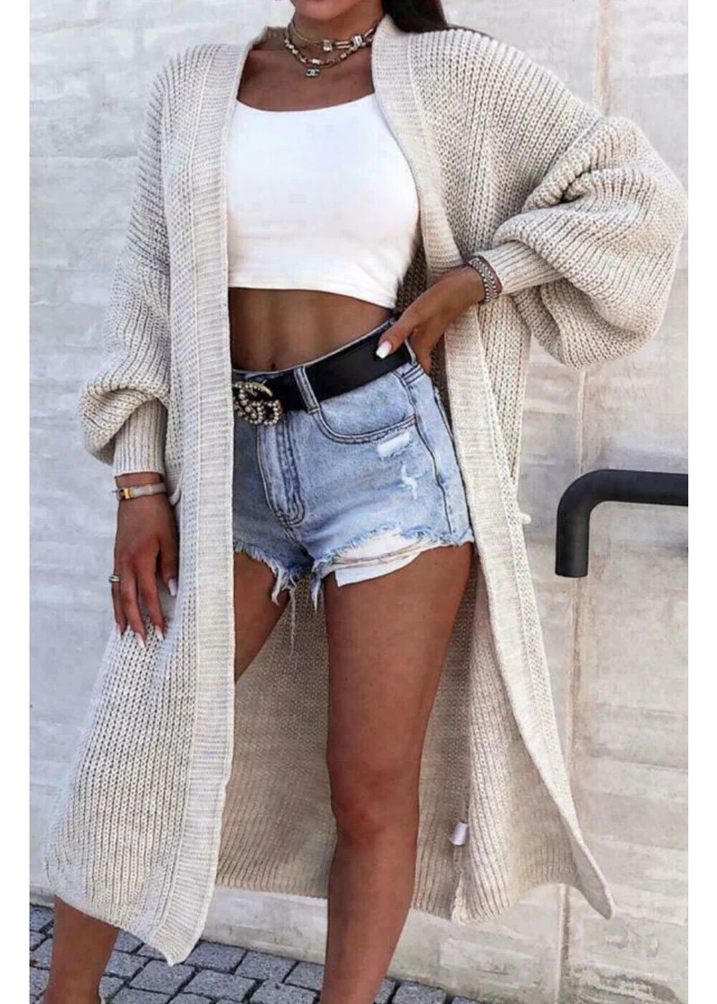 Damen Langer Strickmantel mit großzügigen Taschen Drune