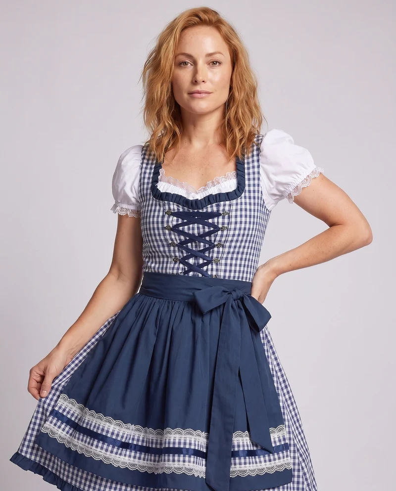 Damen Dirndlkleid mit eleganten Karomustern und Rüschen Drune