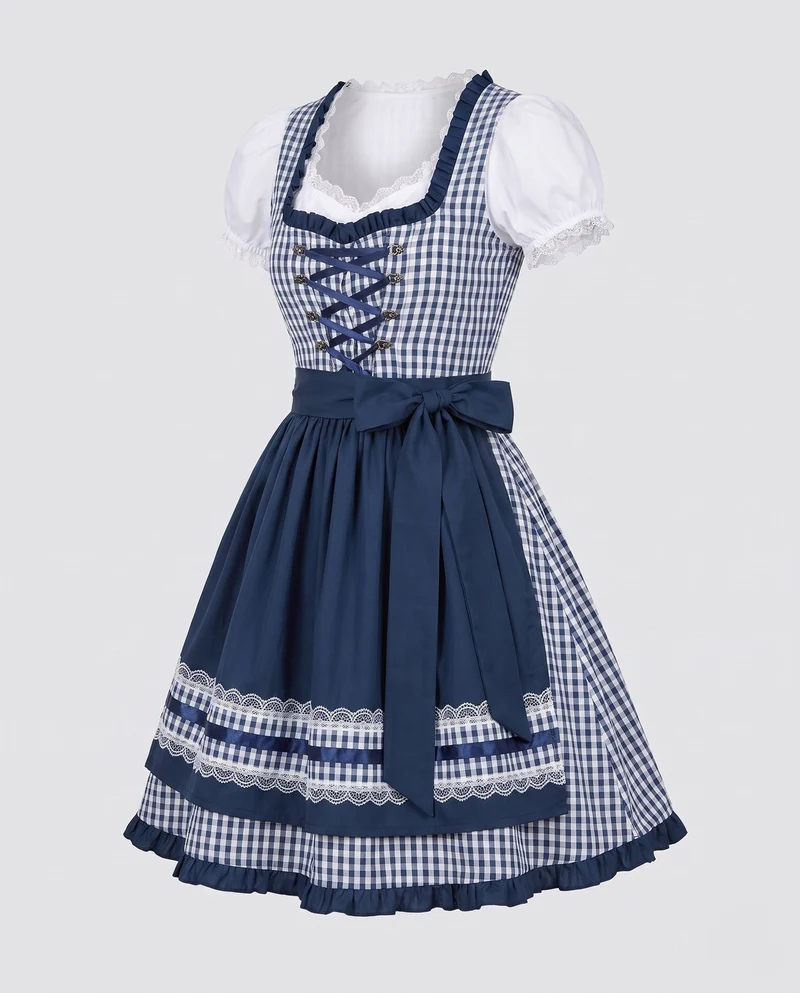 Damen Dirndlkleid mit eleganten Karomustern und Rüschen Drune