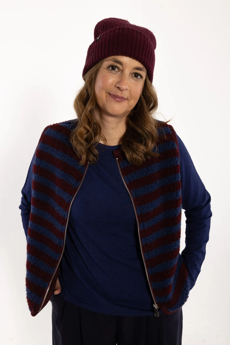 Danecubist Fuzzy Wool Stripe Fleece Vest Dark Wine/Porcelaine
