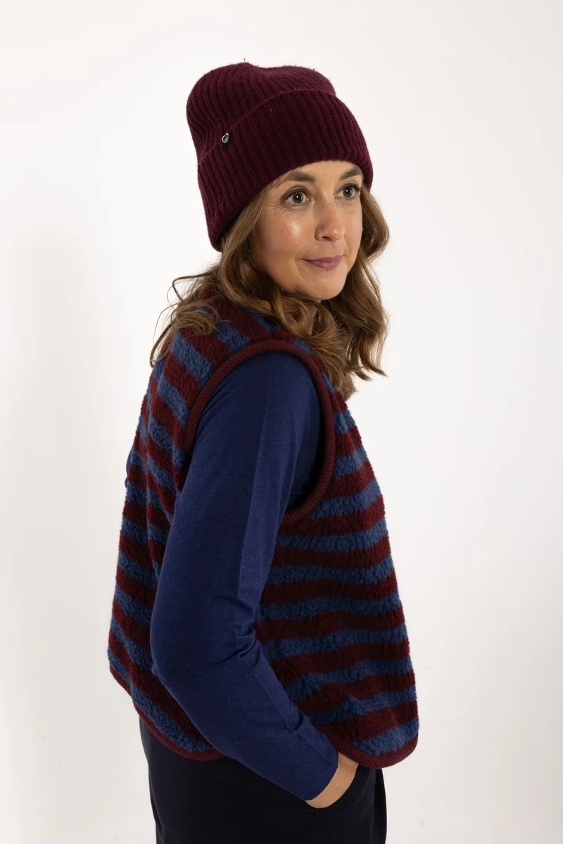 Danecubist Fuzzy Wool Stripe Fleece Vest Dark Wine/Porcelaine