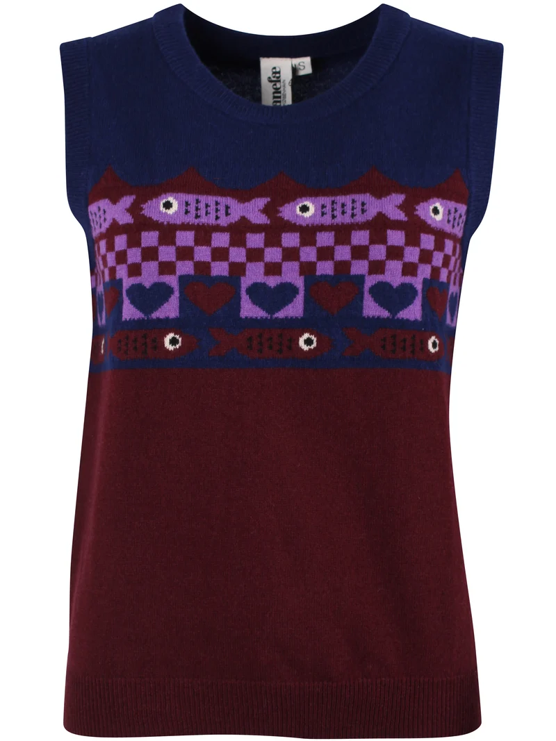 Danebeat Merino Wool Vest Deep Blue/Dark Wine FISH