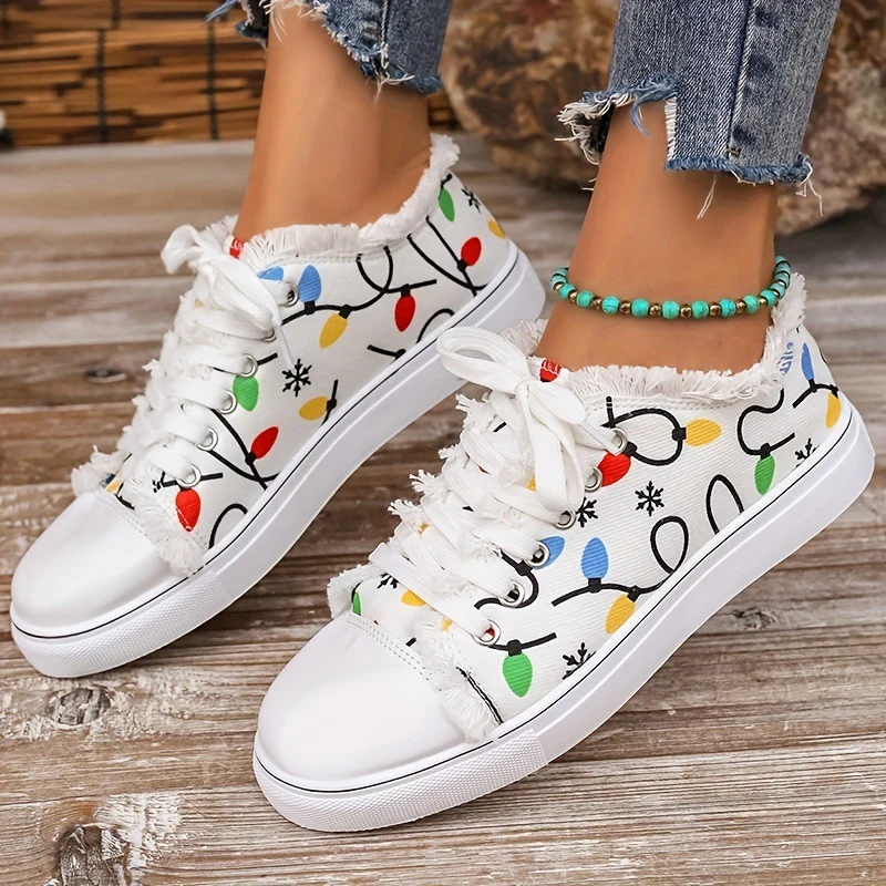 Damen Leinensneaker mit buntem Lichterketten-Print und fransigem Schaft Drune