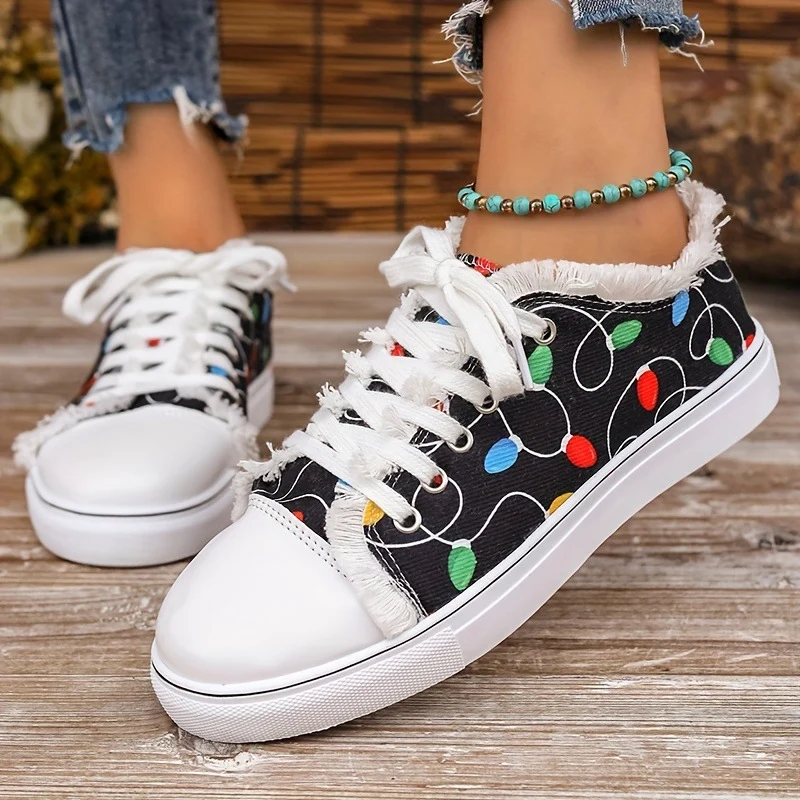 Damen Leinensneaker mit buntem Lichterketten-Print und fransigem Schaft Drune
