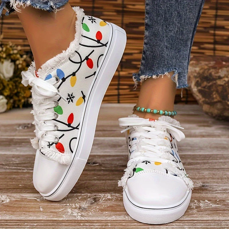 Damen Leinensneaker mit buntem Lichterketten-Print und fransigem Schaft Drune