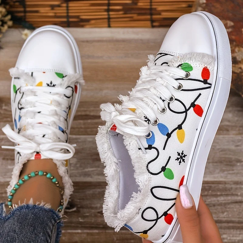 Damen Leinensneaker mit buntem Lichterketten-Print und fransigem Schaft Drune