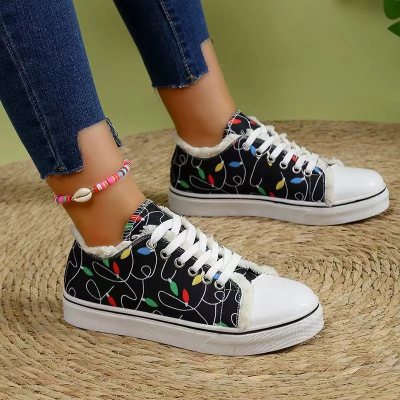 Damen Leinensneaker mit buntem Lichterketten-Print und fransigem Schaft Drune