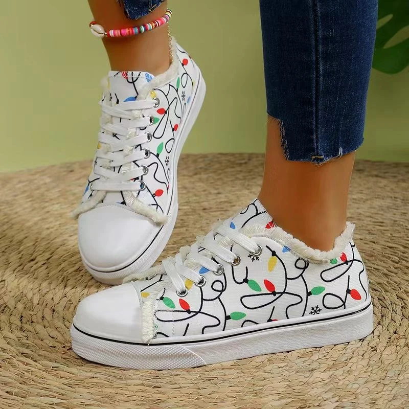 Damen Leinensneaker mit buntem Lichterketten-Print und fransigem Schaft Drune