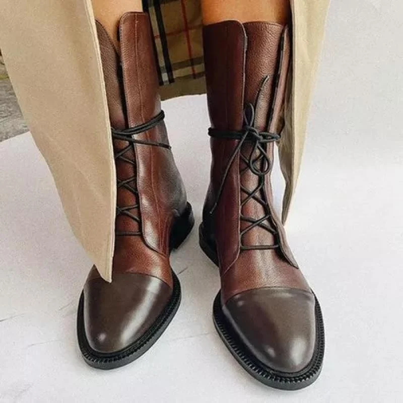 Damen Lederoptik-Schnürstiefelette mit glänzender Zehenkappe und niedrigem Blockabsatz Drune