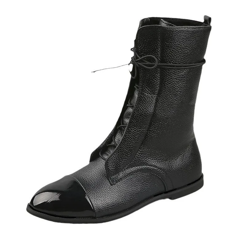 Damen Lederoptik-Schnürstiefelette mit glänzender Zehenkappe und niedrigem Blockabsatz Drune