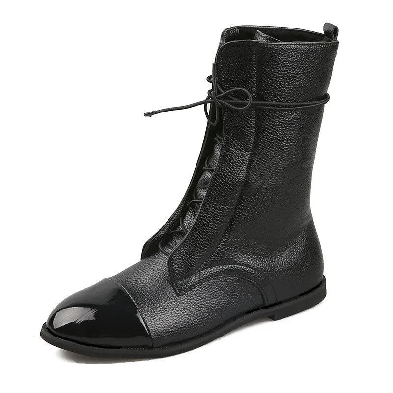 Damen Lederoptik-Schnürstiefelette mit glänzender Zehenkappe und niedrigem Blockabsatz Drune